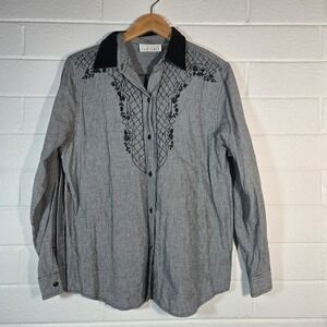 Vtg Casey & Max Button‎ Shirt Large Houndstooth Floral Embroidered Large Western